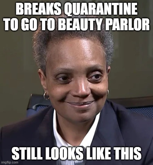 Lori Lightfoot | BREAKS QUARANTINE TO GO TO BEAUTY PARLOR; STILL LOOKS LIKE THIS | image tagged in politics | made w/ Imgflip meme maker