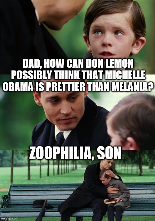 Another explanation | DAD, HOW CAN DON LEMON POSSIBLY THINK THAT MICHELLE OBAMA IS PRETTIER THAN MELANIA? ZOOPHILIA, SON | image tagged in cnn,don lemon,fake news,melania,michelle obama | made w/ Imgflip meme maker