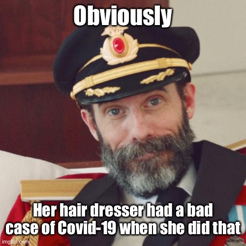 Captain Obvious | Obviously Her hair dresser had a bad case of Covid-19 when she did that | image tagged in captain obvious | made w/ Imgflip meme maker