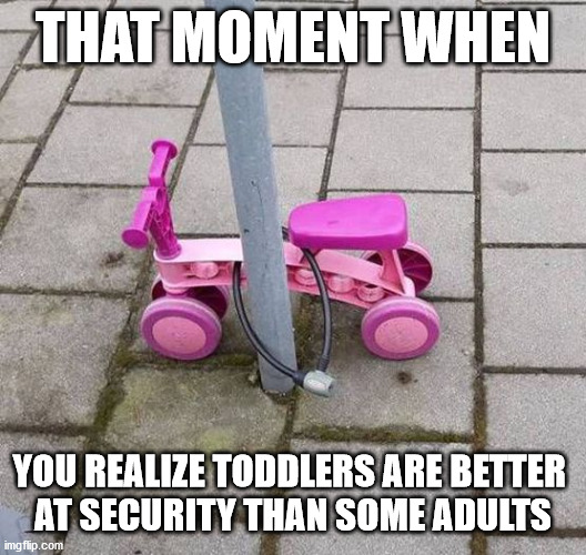THAT MOMENT WHEN; YOU REALIZE TODDLERS ARE BETTER 
AT SECURITY THAN SOME ADULTS | made w/ Imgflip meme maker