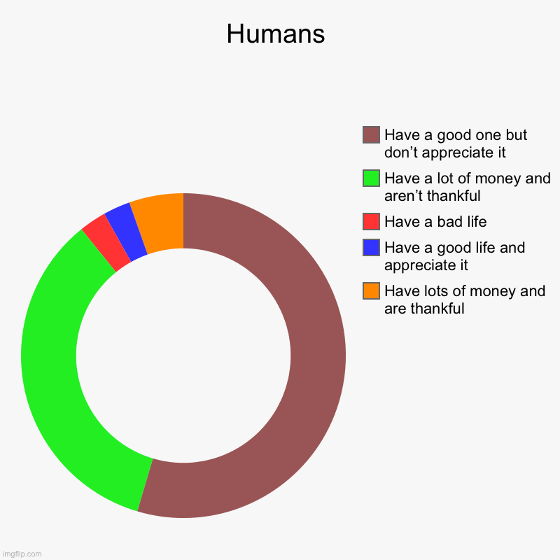Humans | Have lots of money and are thankful, Have a good life and appreciate it, Have a bad life, Have a lot of money and aren’t thankful,  | image tagged in charts,donut charts | made w/ Imgflip chart maker
