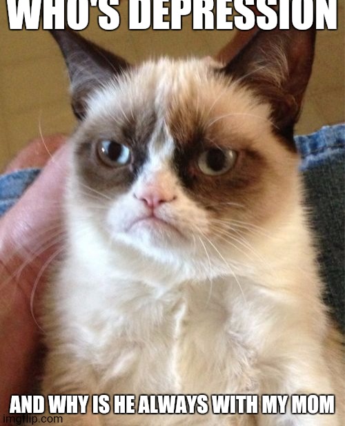 Grumpy Cat | WHO'S DEPRESSION; AND WHY IS HE ALWAYS WITH MY MOM | image tagged in memes,grumpy cat | made w/ Imgflip meme maker