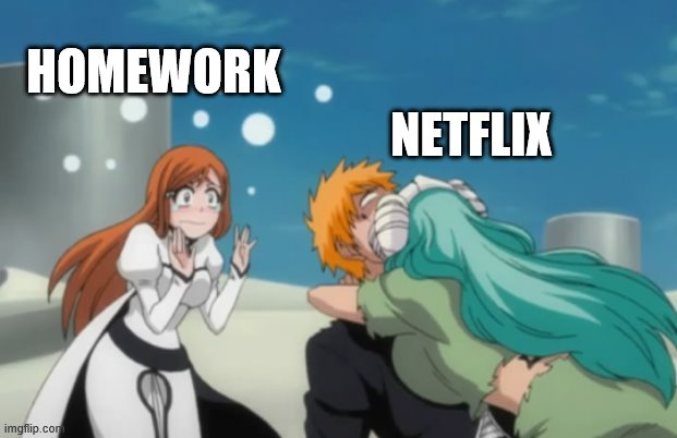 Bleach Netflix | HOMEWORK; NETFLIX | image tagged in bleach | made w/ Imgflip meme maker