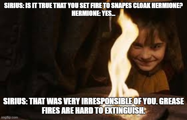 Harry Potter Meme | SIRIUS: IS IT TRUE THAT YOU SET FIRE TO SNAPES CLOAK HERMIONE?
HERMIONE: YES... SIRIUS: THAT WAS VERY IRRESPONSIBLE OF YOU. GREASE FIRES ARE HARD TO EXTINGUISH. | image tagged in hermione setting fire to snapes cloak,harry potter memes | made w/ Imgflip meme maker