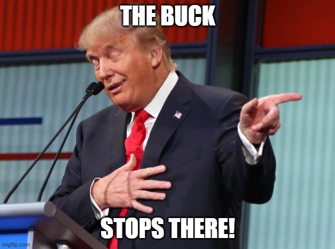 The Buck Stops There! | THE BUCK; STOPS THERE! | image tagged in trump pointing away | made w/ Imgflip meme maker