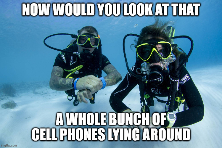 Divers | NOW WOULD YOU LOOK AT THAT A WHOLE BUNCH OF CELL PHONES LYING AROUND | image tagged in divers | made w/ Imgflip meme maker