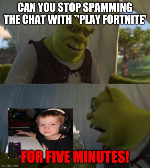 Can you stop spamming the chat with play fortnite FOR 5 MINUTES | CAN YOU STOP SPAMMING THE CHAT WITH *'PLAY FORTNITE'; FOR FIVE MINUTES! | image tagged in for five minutes | made w/ Imgflip meme maker
