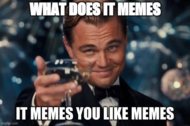 Leonardo Dicaprio Cheers Meme | WHAT DOES IT MEMES; IT MEMES YOU LIKE MEMES | image tagged in memes,leonardo dicaprio cheers | made w/ Imgflip meme maker