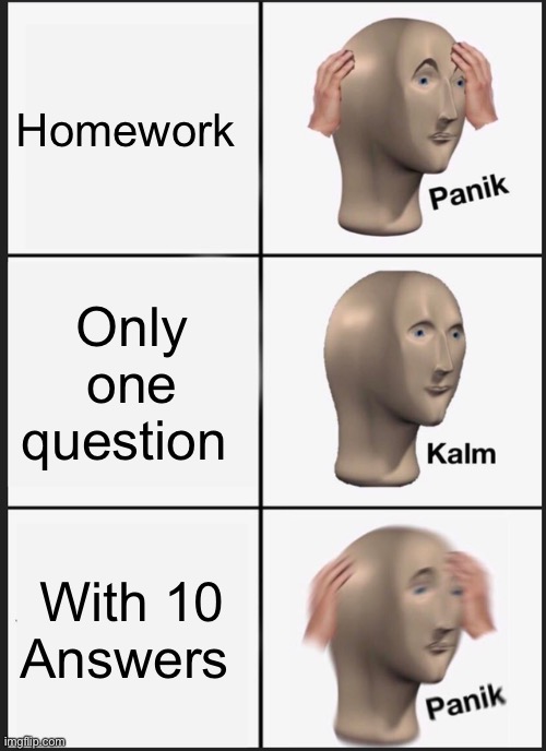 Panik Kalm Panik Meme | Homework; Only one question; With 10 Answers | image tagged in memes,panik kalm panik | made w/ Imgflip meme maker