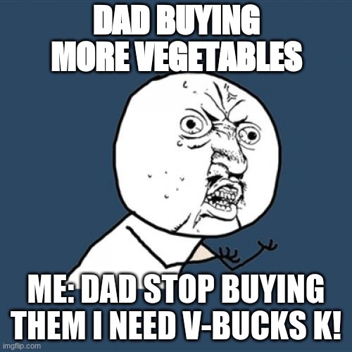 Y U No Meme | DAD BUYING MORE VEGETABLES; ME: DAD STOP BUYING THEM I NEED V-BUCKS K! | image tagged in memes,y u no | made w/ Imgflip meme maker