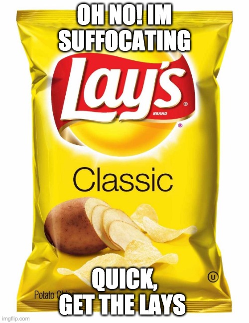 Always have this with you; You Never know when you need air... | OH NO! IM SUFFOCATING; QUICK, GET THE LAYS | image tagged in lays chips | made w/ Imgflip meme maker