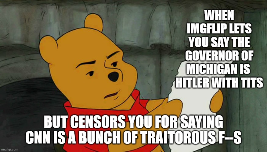 i'm confused | WHEN IMGFLIP LETS YOU SAY THE GOVERNOR OF MICHIGAN IS  HITLER WITH TITS; BUT CENSORS YOU FOR SAYING CNN IS A BUNCH OF TRAITOROUS F--S | image tagged in winnie the pooh reading | made w/ Imgflip meme maker