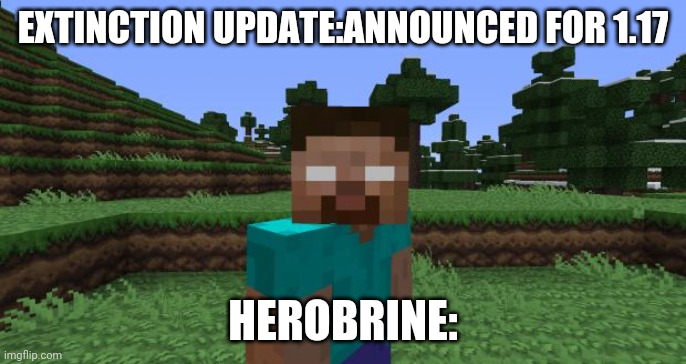 Herobrine | EXTINCTION UPDATE:ANNOUNCED FOR 1.17; HEROBRINE: | image tagged in herobrine | made w/ Imgflip meme maker