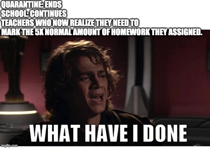 Anakin what have i done | QUARANTINE: ENDS
SCHOOL: CONTINUES
TEACHERS WHO NOW REALIZE THEY NEED TO 
MARK THE 5X NORMAL AMOUNT OF HOMEWORK THEY ASSIGNED. | image tagged in anakin what have i done,quarantine | made w/ Imgflip meme maker