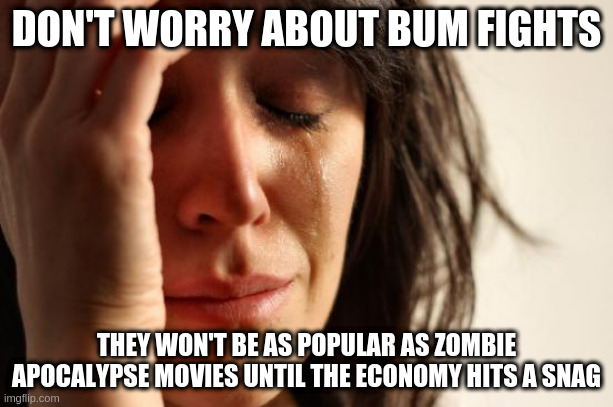 First World Problems | DON'T WORRY ABOUT BUM FIGHTS; THEY WON'T BE AS POPULAR AS ZOMBIE APOCALYPSE MOVIES UNTIL THE ECONOMY HITS A SNAG | image tagged in memes,first world problems | made w/ Imgflip meme maker