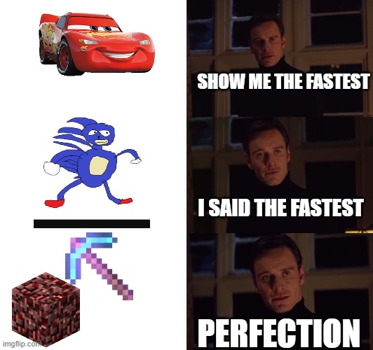 Gotta go fast | SHOW ME THE FASTEST; I SAID THE FASTEST; PERFECTION | image tagged in perfection,lightning mcqueen,sanic,minecraft,memes | made w/ Imgflip meme maker
