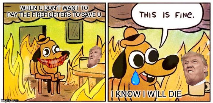 This Is Fine | WHEN U DON'T WANT TO PAY THE FIREFIGHTERS TO SAVE U; I KNOW I WILL DIE | image tagged in memes,this is fine | made w/ Imgflip meme maker