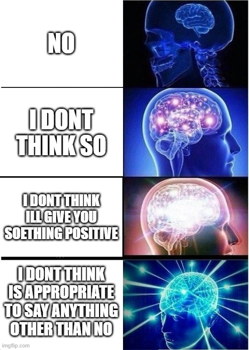 Expanding Brain Meme | NO; I DONT THINK SO; I DONT THINK ILL GIVE YOU SOETHING POSITIVE; I DONT THINK IS APPROPRIATE TO SAY ANYTHING OTHER THAN NO | image tagged in memes,expanding brain | made w/ Imgflip meme maker