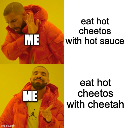 Drake Hotline Bling | eat hot cheetos with hot sauce; ME; eat hot cheetos with cheetah; ME | image tagged in memes,drake hotline bling | made w/ Imgflip meme maker