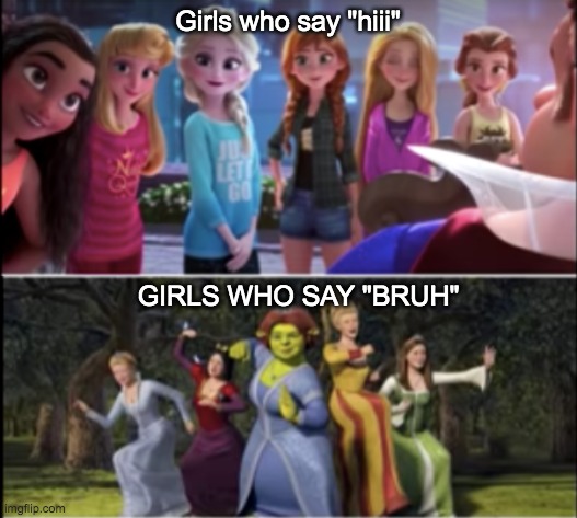Bruh | Girls who say "hiii"; GIRLS WHO SAY "BRUH" | image tagged in shrek,funny,memes,bruh | made w/ Imgflip meme maker