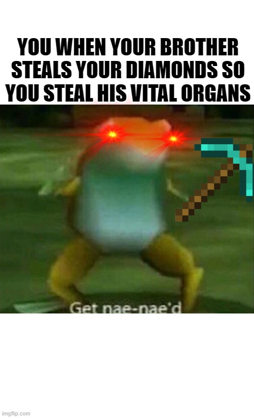 Get nae-nae'd | YOU WHEN YOUR BROTHER STEALS YOUR DIAMONDS SO YOU STEAL HIS VITAL ORGANS | image tagged in get nae-nae'd | made w/ Imgflip meme maker