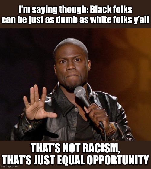 (Not a Kevin Hart joke, just thought it’d make for a funny background lol) | I’m saying though: Black folks can be just as dumb as white folks y’all; THAT’S NOT RACISM, THAT’S JUST EQUAL OPPORTUNITY | image tagged in kevin hart,jokes,racism,not racist,political humor,political correctness | made w/ Imgflip meme maker