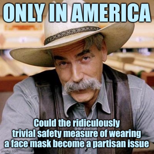 Only in America... | ONLY IN AMERICA; Could the ridiculously trivial safety measure of wearing a face mask become a partisan issue | image tagged in face mask,partisanship,coronavirus,covid-19,america,sarcasm cowboy | made w/ Imgflip meme maker