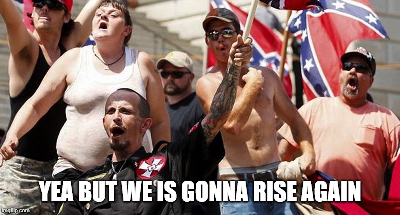 Confederate Flag Supporters | YEA BUT WE IS GONNA RISE AGAIN | image tagged in confederate flag supporters | made w/ Imgflip meme maker