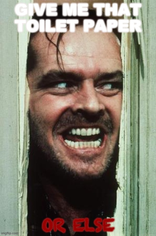 covid19 remake of the shining | GIVE ME THAT TOILET PAPER; OR ELSE | image tagged in memes,here's johnny | made w/ Imgflip meme maker