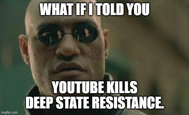 WARNING: This video has been removed for violating YouTube's Community Guidelines. | WHAT IF I TOLD YOU; YOUTUBE KILLS DEEP STATE RESISTANCE. | image tagged in deep state,youtube,freedom,one world | made w/ Imgflip meme maker