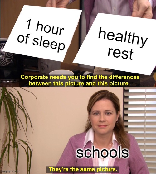 They're The Same Picture Meme |  1 hour of sleep; healthy rest; schools | image tagged in memes,they're the same picture | made w/ Imgflip meme maker