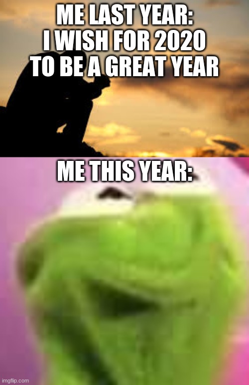 2020 be like | ME LAST YEAR:
I WISH FOR 2020 TO BE A GREAT YEAR; ME THIS YEAR: | image tagged in kermit the frog | made w/ Imgflip meme maker