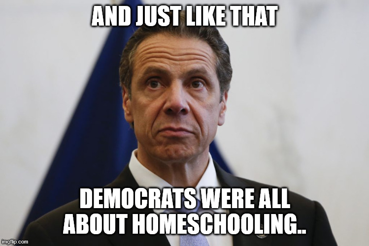 Andrew Cuomo | AND JUST LIKE THAT; DEMOCRATS WERE ALL ABOUT HOMESCHOOLING.. | image tagged in andrew cuomo | made w/ Imgflip meme maker