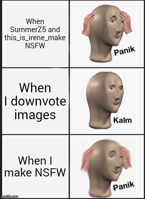 Panik Kalm Panik Meme | When SummerZ5 and this_is_irene_make NSFW; When I downvote images; When I make NSFW | image tagged in memes,panik kalm panik | made w/ Imgflip meme maker