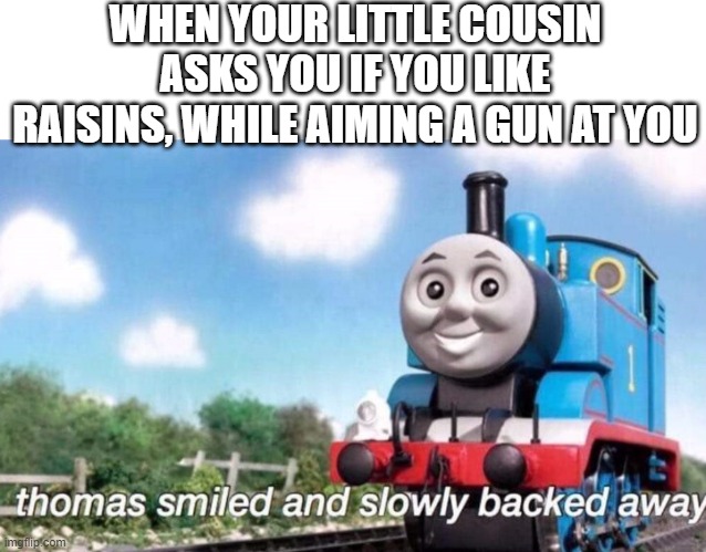 thomas smiled and slowly backed away | WHEN YOUR LITTLE COUSIN ASKS YOU IF YOU LIKE RAISINS, WHILE AIMING A GUN AT YOU | image tagged in thomas smiled and slowly backed away | made w/ Imgflip meme maker