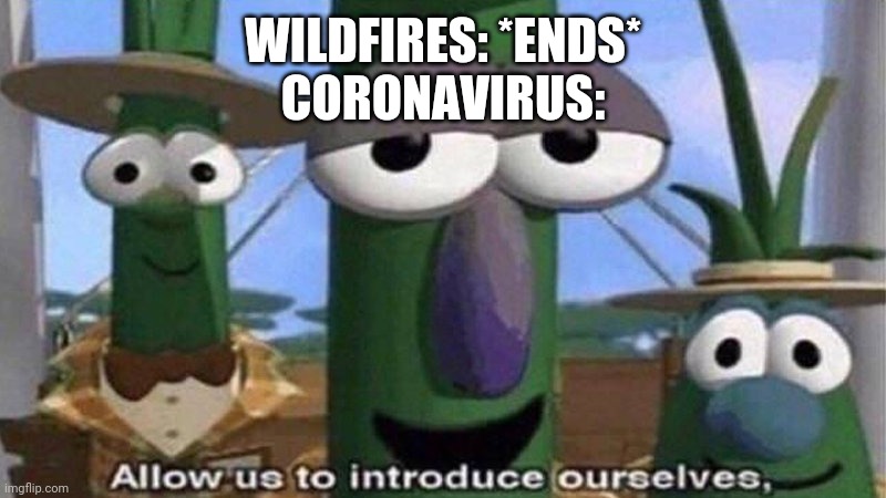 VeggieTales 'Allow us to introduce ourselfs' | WILDFIRES: *ENDS*
CORONAVIRUS: | image tagged in veggietales 'allow us to introduce ourselfs' | made w/ Imgflip meme maker