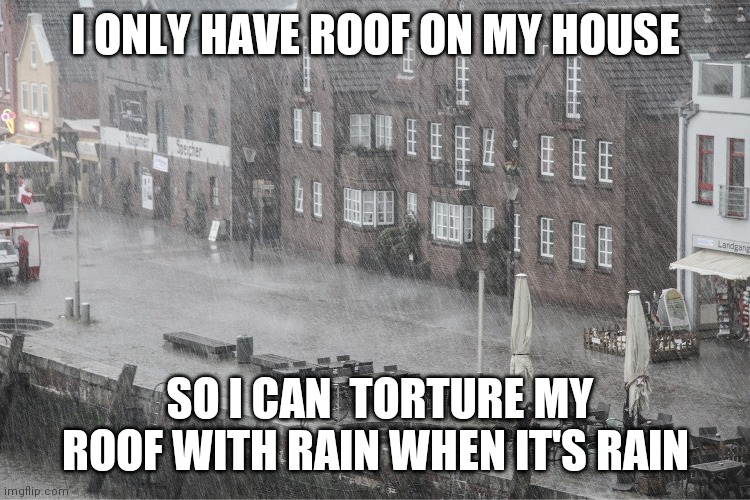 Roof | I ONLY HAVE ROOF ON MY HOUSE; SO I CAN  TORTURE MY ROOF WITH RAIN WHEN IT'S RAIN | image tagged in roof | made w/ Imgflip meme maker