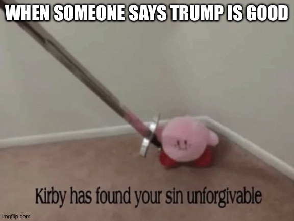 Kirby has found your sin unforgivable | WHEN SOMEONE SAYS TRUMP IS GOOD | image tagged in kirby has found your sin unforgivable | made w/ Imgflip meme maker