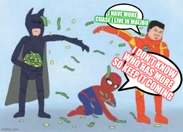 Pathetic Spidey | I HAVE MORE CUASE I LIVE IN MALIBU; I DON'T KNOW WHO HAS MORE SO KEEP IT COMING | image tagged in memes,pathetic spidey | made w/ Imgflip meme maker