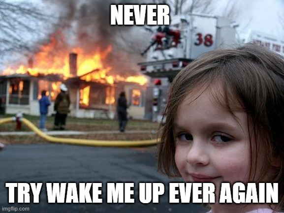 don't wake her up | NEVER; TRY WAKE ME UP EVER AGAIN | image tagged in memes,disaster girl | made w/ Imgflip meme maker