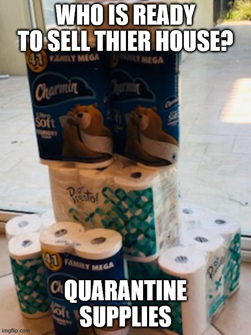 Quarantine Supplies | WHO IS READY TO SELL THIER HOUSE? QUARANTINE SUPPLIES | image tagged in quarantine,toilet paper,paper towels | made w/ Imgflip meme maker