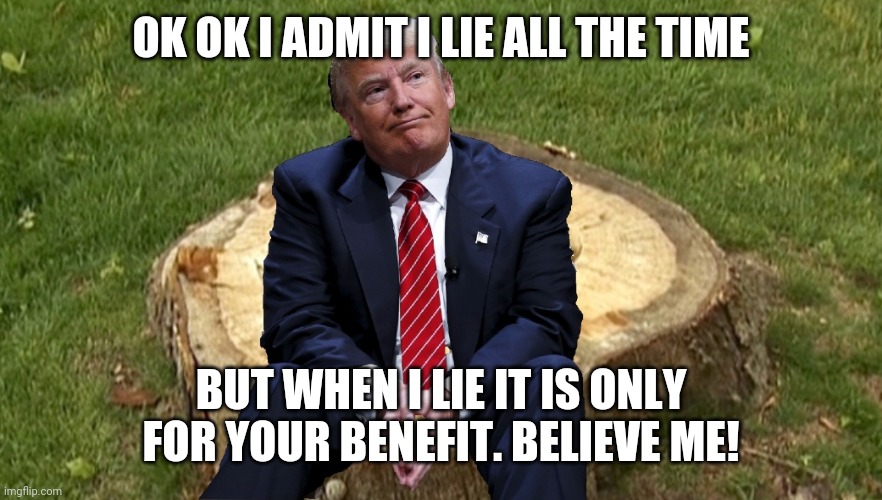 Trump on a stump | OK OK I ADMIT I LIE ALL THE TIME; BUT WHEN I LIE IT IS ONLY FOR YOUR BENEFIT. BELIEVE ME! | image tagged in trump on a stump | made w/ Imgflip meme maker