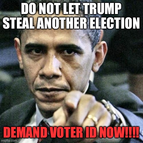 Pissed Off Obama | DO NOT LET TRUMP STEAL ANOTHER ELECTION; DEMAND VOTER ID NOW!!!! | image tagged in memes,pissed off obama | made w/ Imgflip meme maker