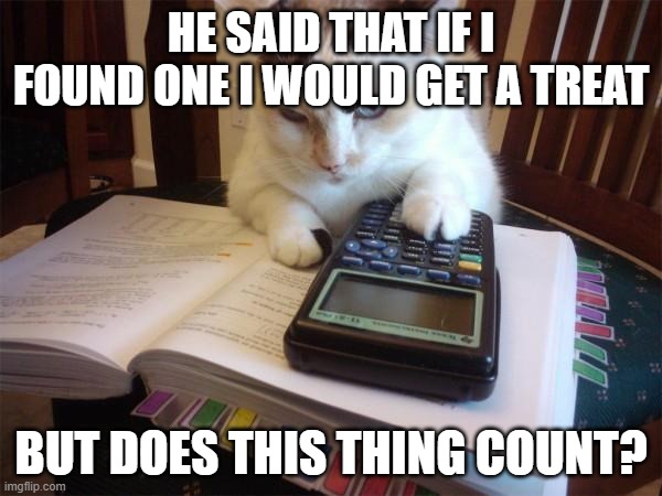 Math cat | HE SAID THAT IF I FOUND ONE I WOULD GET A TREAT; BUT DOES THIS THING COUNT? | image tagged in math cat | made w/ Imgflip meme maker