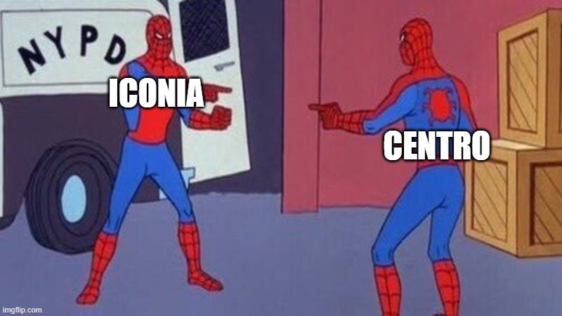 spiderman pointing at spiderman | ICONIA; CENTRO | image tagged in spiderman pointing at spiderman | made w/ Imgflip meme maker