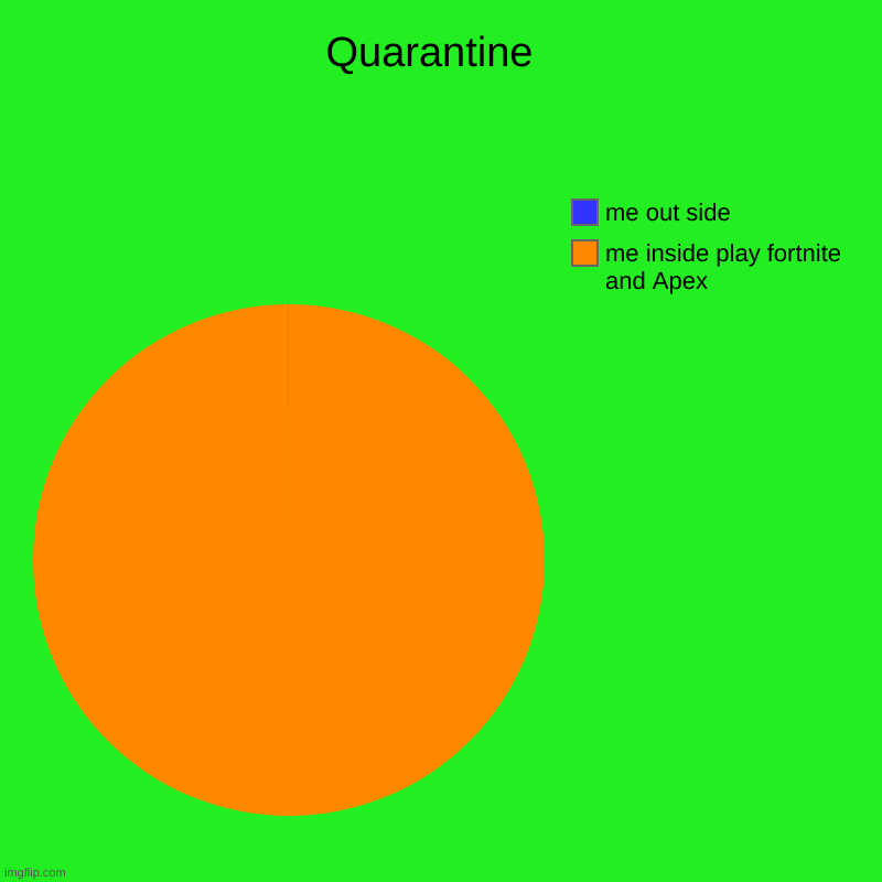 Quarantine  | me inside play fortnite and Apex, me out side | image tagged in charts,pie charts | made w/ Imgflip chart maker