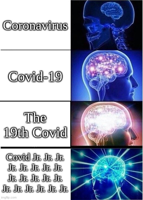 Expanding Brain Meme | Coronavirus; Covid-19; The 19th Covid; Covid Jr. Jr. Jr. Jr. Jr. Jr. Jr. Jr. Jr. Jr. Jr. Jr. Jr. Jr. Jr. Jr. Jr. Jr. Jr. | image tagged in memes,expanding brain,PewdiepieSubmissions | made w/ Imgflip meme maker