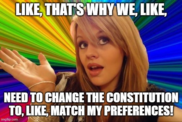 Dumb Blonde Meme | LIKE, THAT'S WHY WE, LIKE, NEED TO CHANGE THE CONSTITUTION TO, LIKE, MATCH MY PREFERENCES! | image tagged in memes,dumb blonde | made w/ Imgflip meme maker