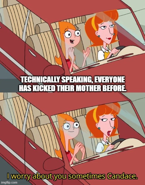 I worry about you sometimes Candace | TECHNICALLY SPEAKING, EVERYONE HAS KICKED THEIR MOTHER BEFORE. | image tagged in i worry about you sometimes candace | made w/ Imgflip meme maker