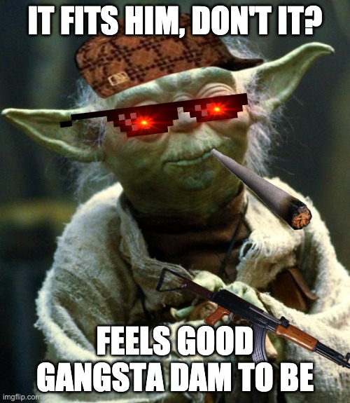 Star Wars Yoda | IT FITS HIM, DON'T IT? FEELS GOOD GANGSTA DAM TO BE | image tagged in memes,star wars yoda | made w/ Imgflip meme maker